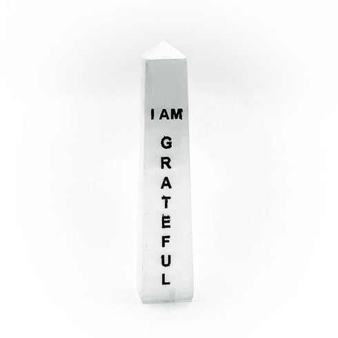 I AM GRATEFUL engraved white satin spar affirmation tower