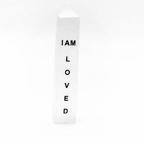 I AM LOVED engraved white satin spar affirmation tower