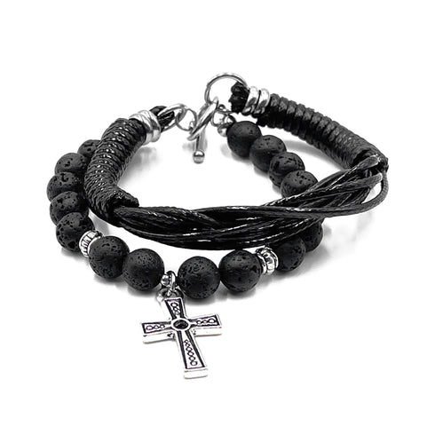 Lava Rock & Leather with Cross Double Layered Bracelet