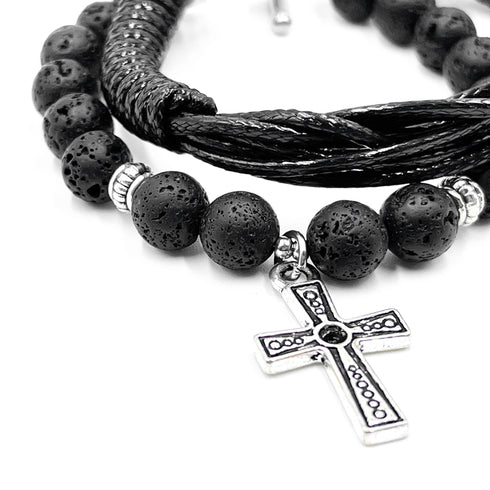 Lava Rock & Leather with Cross Double Layered Bracelet