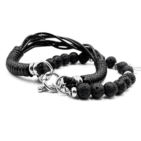 Lava Rock & Leather with Cross Double Layered Bracelet