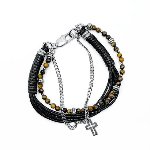 Tri-layer Tiger Eye Cross Bracelet