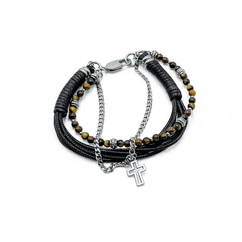Tri-layer Tiger Eye Cross Bracelet
