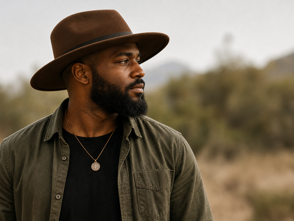 Nathaniel, founder of Bougie Hippie World, outdoors in an olive jacket and brown hat