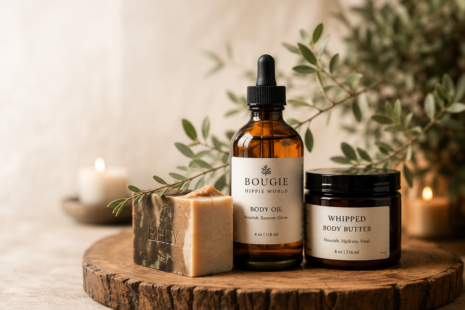 Bougie Hippie World body oil, natural soap, and whipped body butter in a warm botanical setting